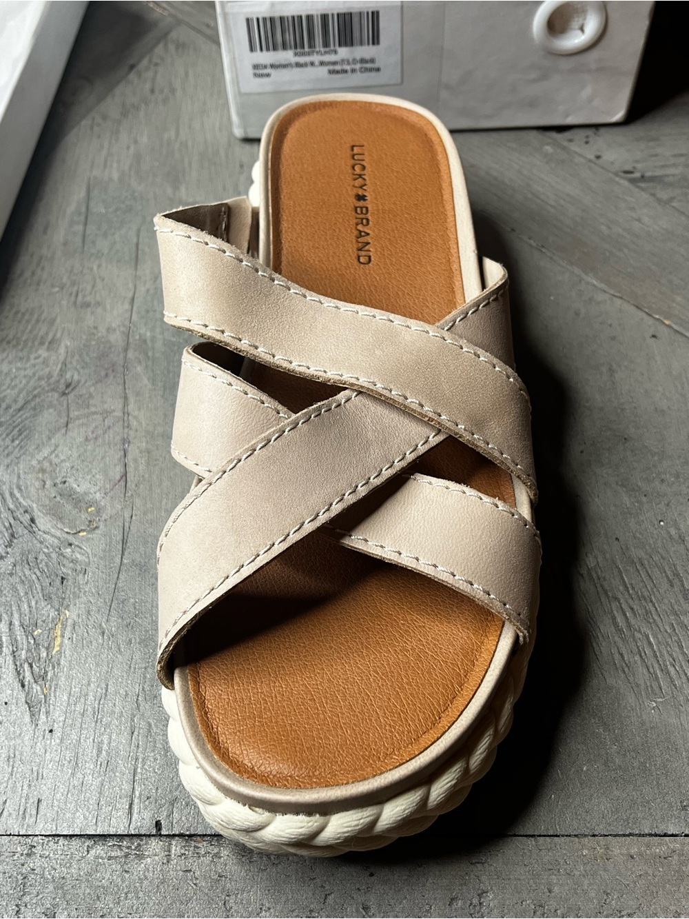 Lucky Brand Women's Neutral Crossband Slide Sandal in Beige